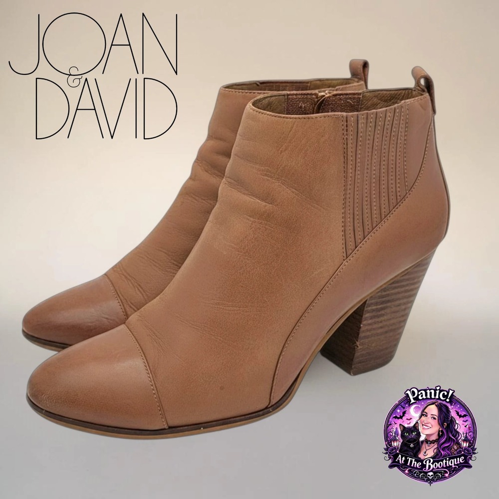 Joan & David Ankle Boots Women 9.5 Leather Tan Block Heel Bootie Minimalist Chic